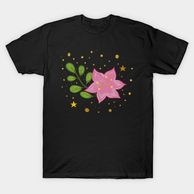 Floral arrangement pink flower with stars and golden sparkles T-Shirt by AnabellaCor94